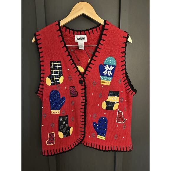 Studio Works Women’s Size Large Christmas Vest/sweater - Knit Mittens & Stocking - Picture 1 of 8